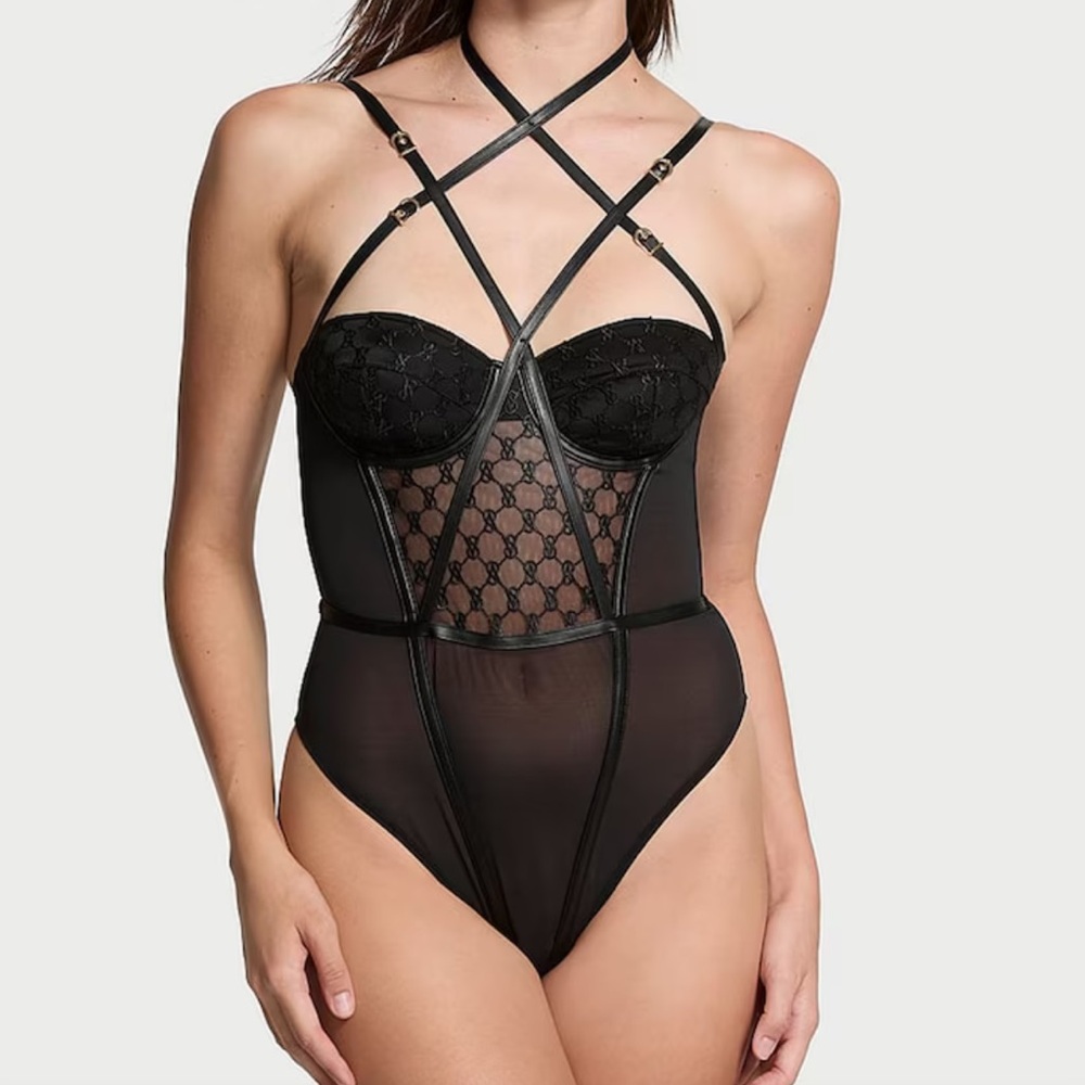 Victoria's Secret Black Strappy Lace Bodysuit
